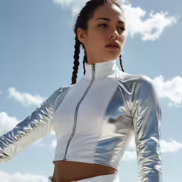 a woman with braids and a silver top