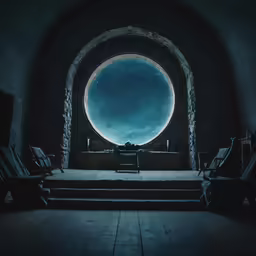 a church pew with an open window to a blue sky filled with stars