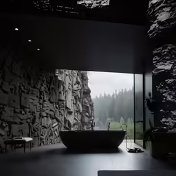 a large rock wall, in an empty room with a sink