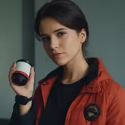 the woman in a jacket is holding an energy drink