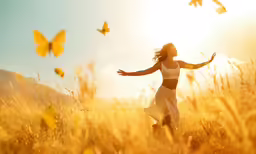 a woman in the middle of a field with butterflies flying above her