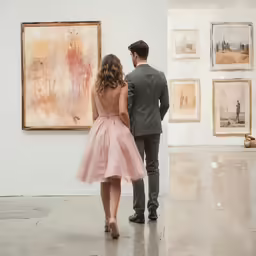 the man and woman are walking through the room together