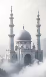the white building has a lot of towers in the fog