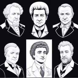 some black and white drawings of men in suits,a set of six portrait illustrations of a gentleman,the seven presidents of abraham lincoln and lincoln bill,a drawing of five presidents in black and white,six men in formal dress and beards are in this black and white photo