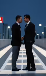 two business men are shaking hands outside