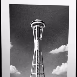 black and white photograph of the space needle, in seattle