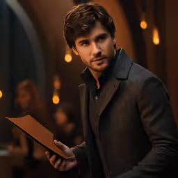 there is a man holding something inside a brown leather case