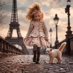 the little girl is holding hands with her small dog