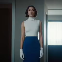 a woman standing in the hallway of a house