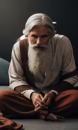 an elderly man in orange pants and a white beard sitting on the floor