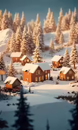 a very small snow - covered village that has several houses