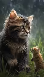 the little kitten is looking at the other kitten