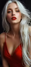 a woman with long white hair and red lipstick