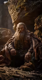 an old man with a big beard sitting on some rocks