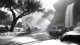 cars parked on the road with fog and snow