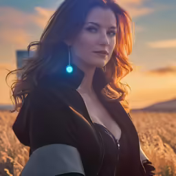 woman with ear light in front of wheat field