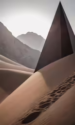 a pyramid stands over sand dunes in the desert