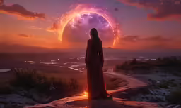 a woman in a long dress standing in front of an eye in the sky