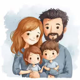 a digital portrait of two adults, a baby and a child with a beard