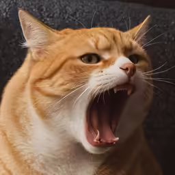 a close up of an orange and white cat yawning