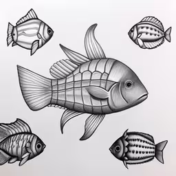a drawing of four small fish in the water