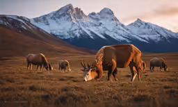 a horned animal eating some grass in the mountains