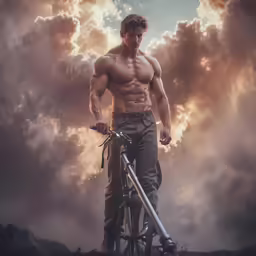 the shirtless man holds his bicycle next to the mountains