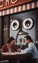 two people talking while sitting at a table