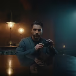a man holds a camera with the flash pointed up