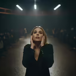 the blonde haired woman is standing in a darkened building