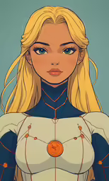 a girl in a uniform with long blonde hair and blue eyes