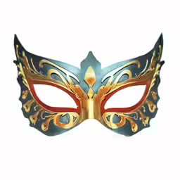 a gold, silver and blue mask with decorative patterns