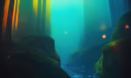 there are some lights in the woods near a stream