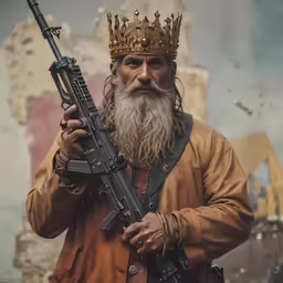 a bearded man holding a machine gun and a gun