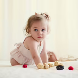 a small child playing with biscuits in her bed