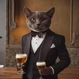 a person holding two glasses of alcohol wearing a black suit