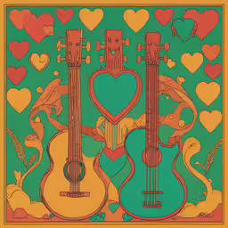 two guitars in front of a heart background,three guitars with hearts surrounding them