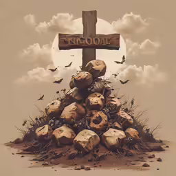 an art work depicting a wooden cross and rocks