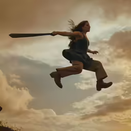 a woman holding an olympic style bat jumps into the air