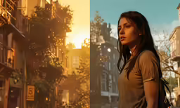 a woman is standing in a street near a building