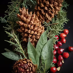 a bunch of pine cones and some berry berries