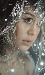 a woman looking up through tinfoil over her head