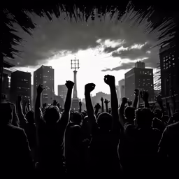 people with their hands up and fists raised in the air
