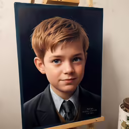 a picture of a young boy is on a easel