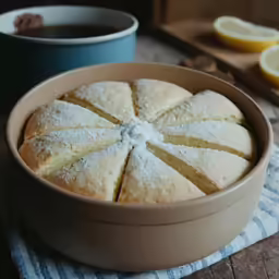 a large cake pan with lemon slices on top