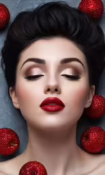 woman with red lips surrounded by some fake fruit