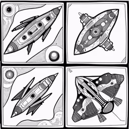 four different style rockets on white paper