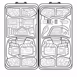 a coloring book with a drawing of an open suitcase,the suitcase with tools in it coloring page,the back and side of a case with tools in it,a drawing of an open suitcase with some items inside,a case is opened showing the contents inside