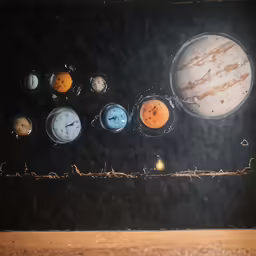 a framed solar system with five planets and one planet in front of the moon