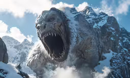 a giant monster with huge mouth, roaring in a mountain